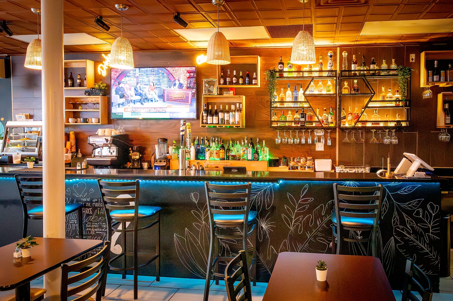 Bar interior at Delicias Colombianas during evening service